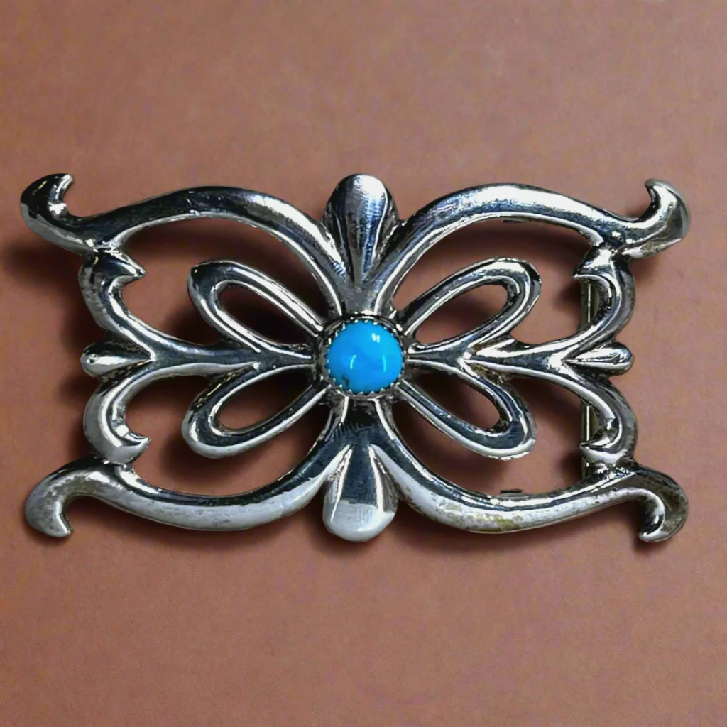 Rare Vintage Navajo Sterling Silver Belt Buckle -  Genuine Turquoise