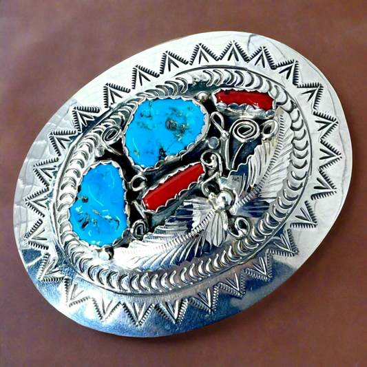 Rare Vintage Navajo Sterling Silver Belt Buckle - Coral and Turquoise